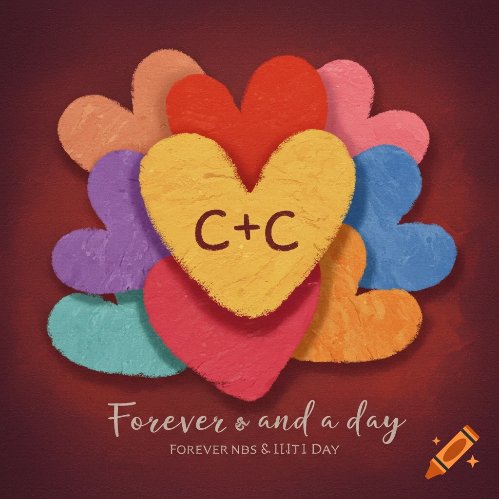 Colorful heart shapes with C+C on a yellow heart and text Forever & and a day below.