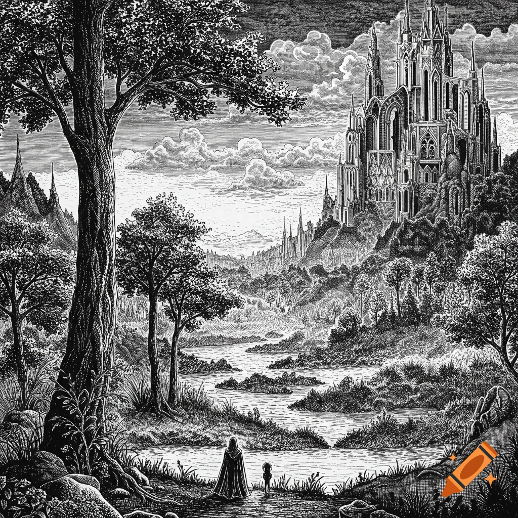 Black and white ink drawing of a fantasy castle overlooking a river, with two figures in the foreground.