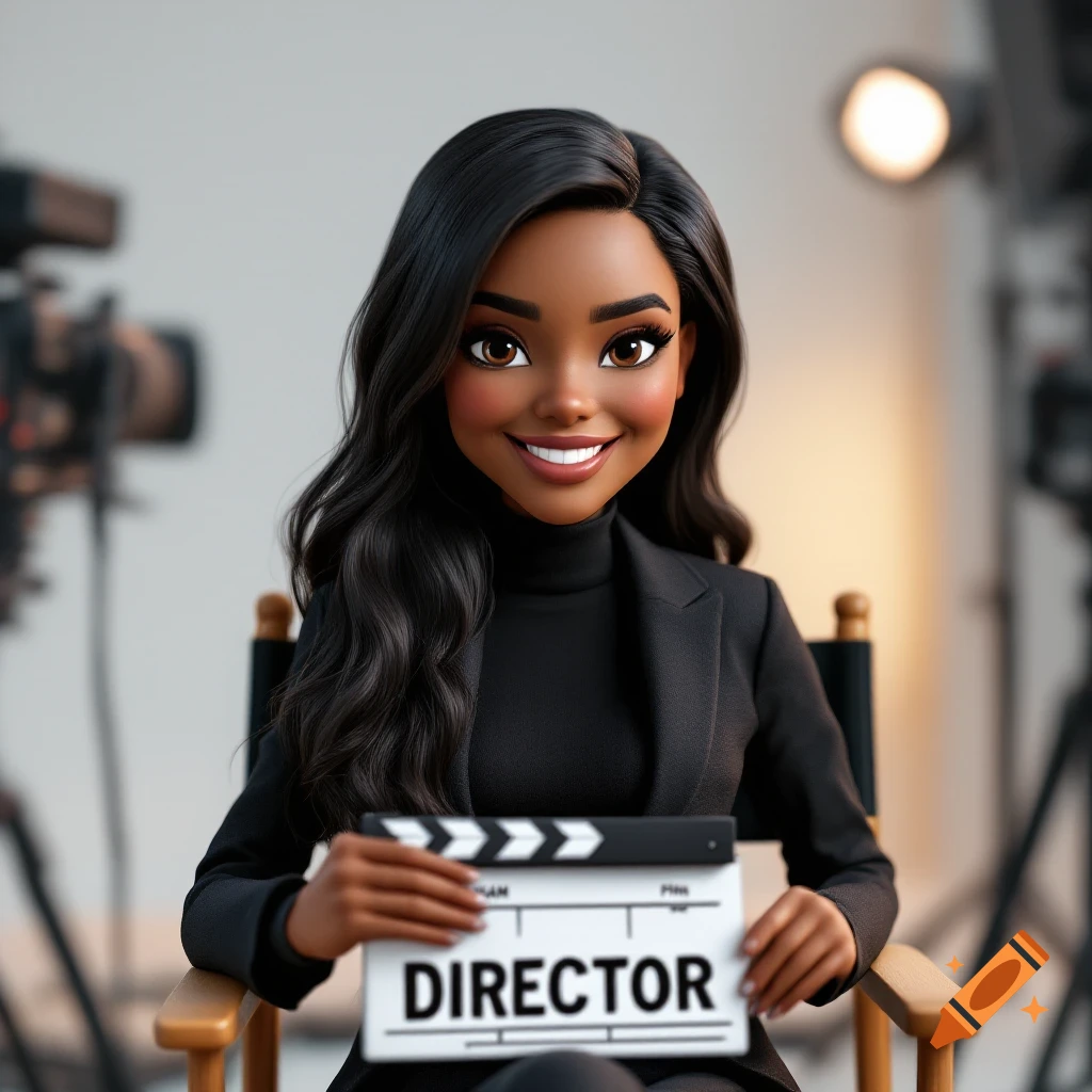 Stylized portrait of a smiling Black woman film director holding a clapboard in a studio