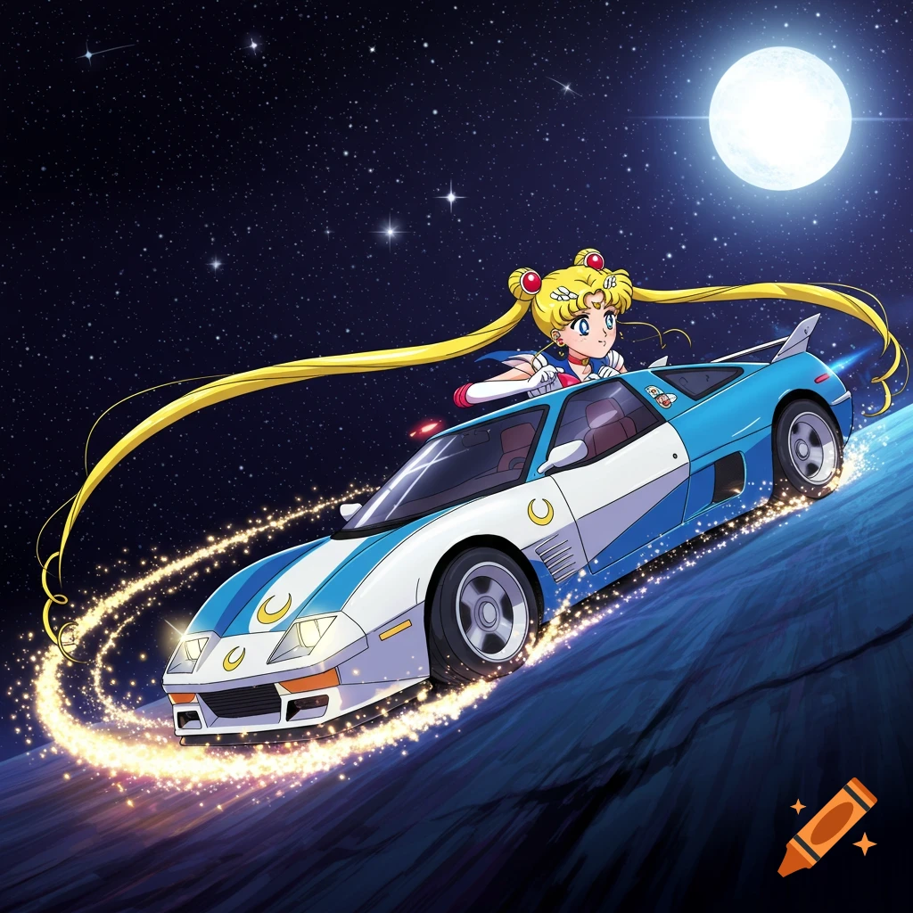 Anime illustration of Sailor Moon driving a white and blue sports car through space under a full moon.