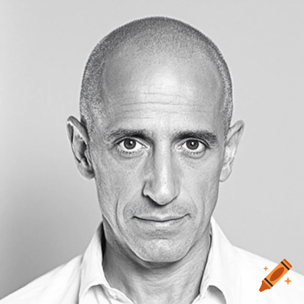 Black and white close-up portrait of a bald man in a white shirt.