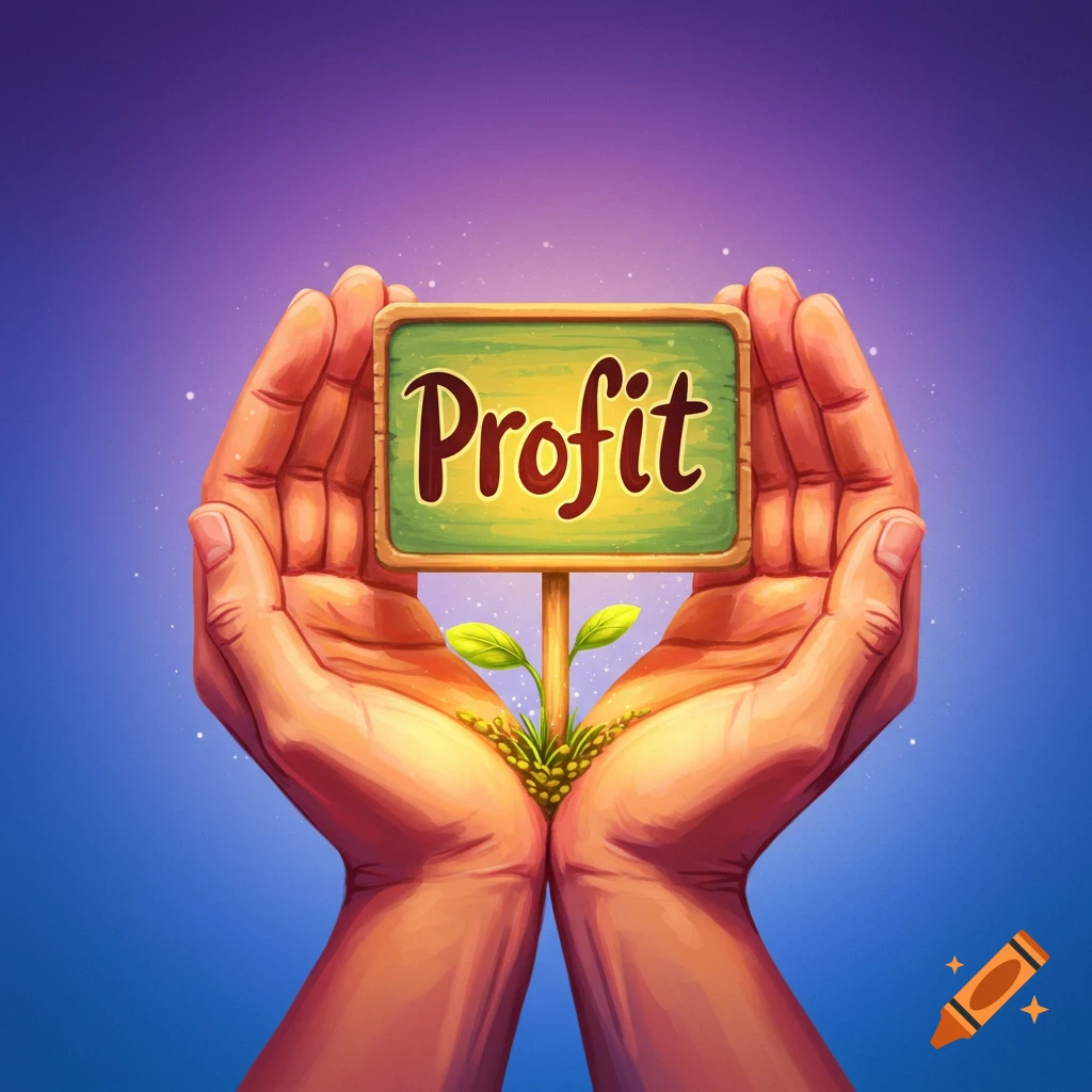 Cupped hands hold a small sign saying "Profit" with a plant sprout growing beneath it.