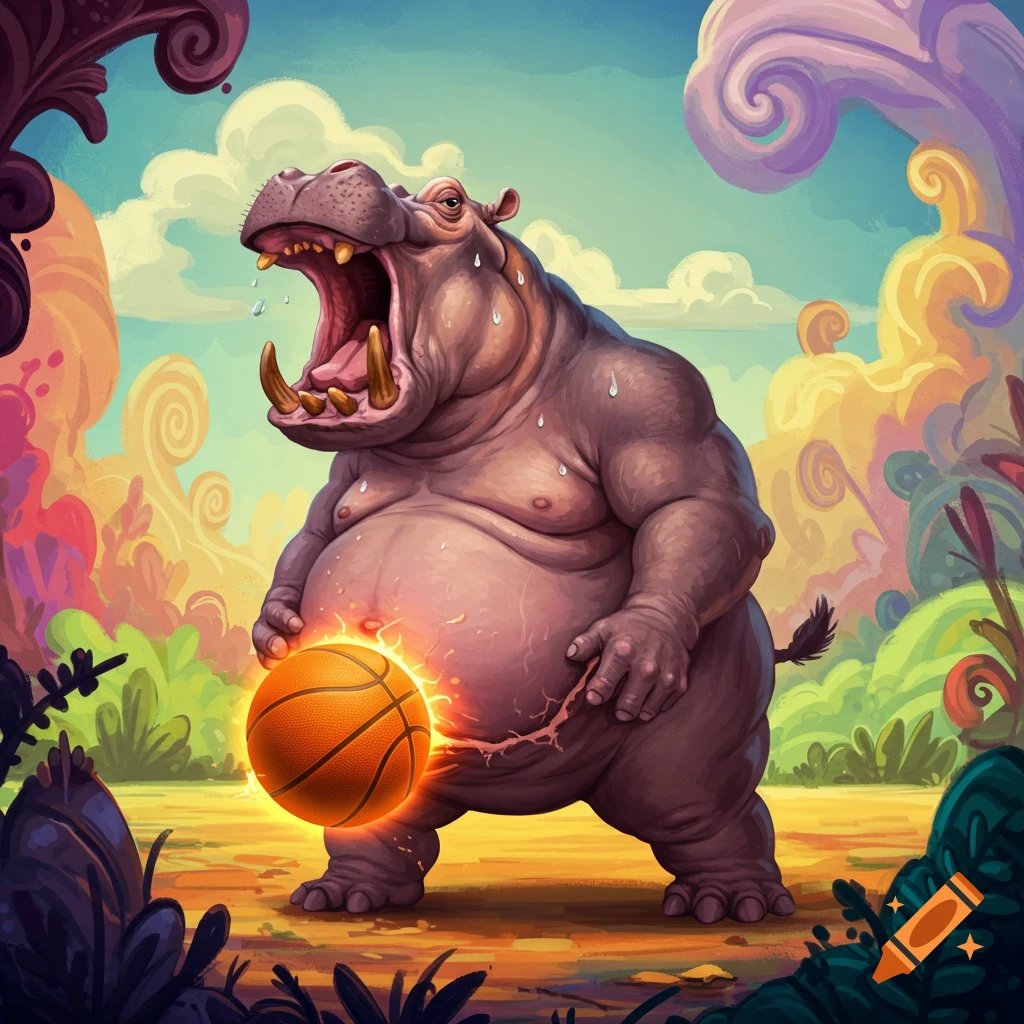 Stylized image of a muscular hippo with wide-open mouth producing a glowing basketball from its belly in a surreal landscape.