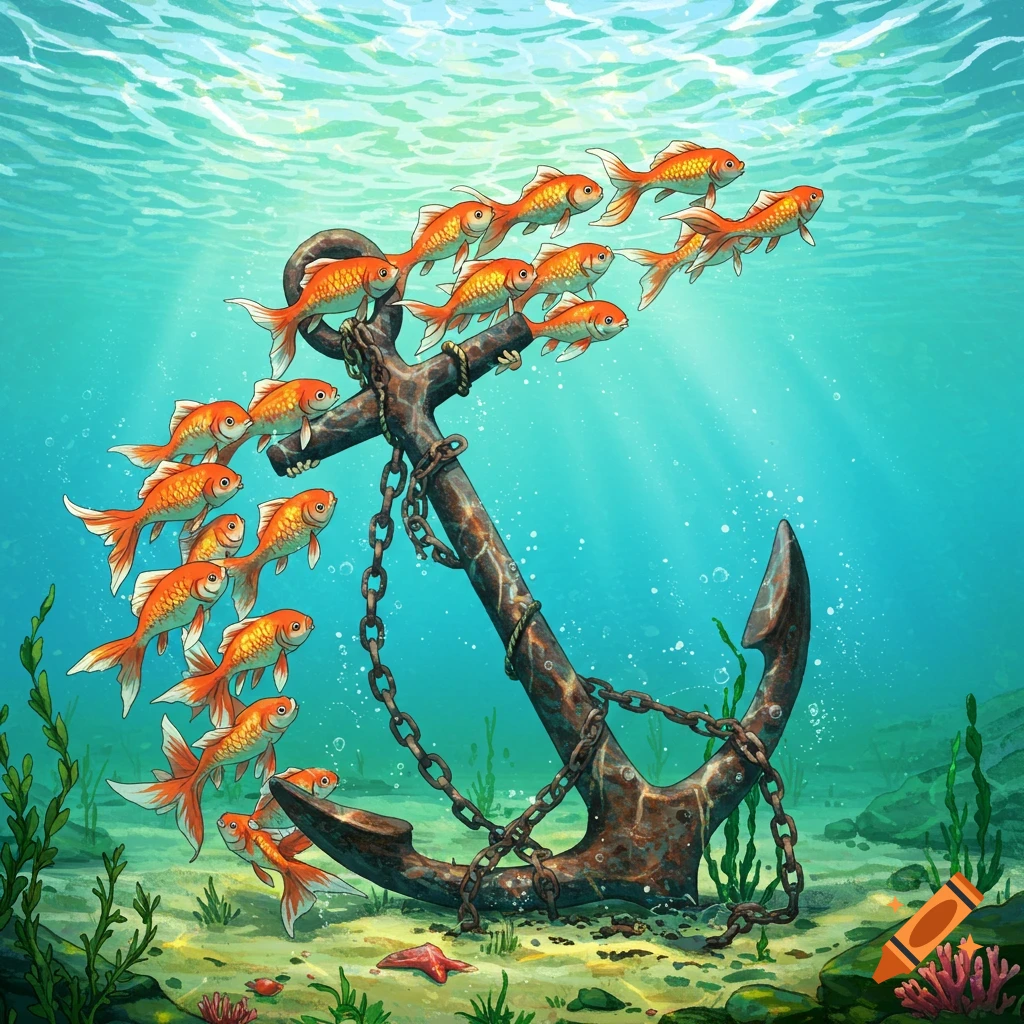 A group of goldfish swim around a large rusty anchor on the seabed.