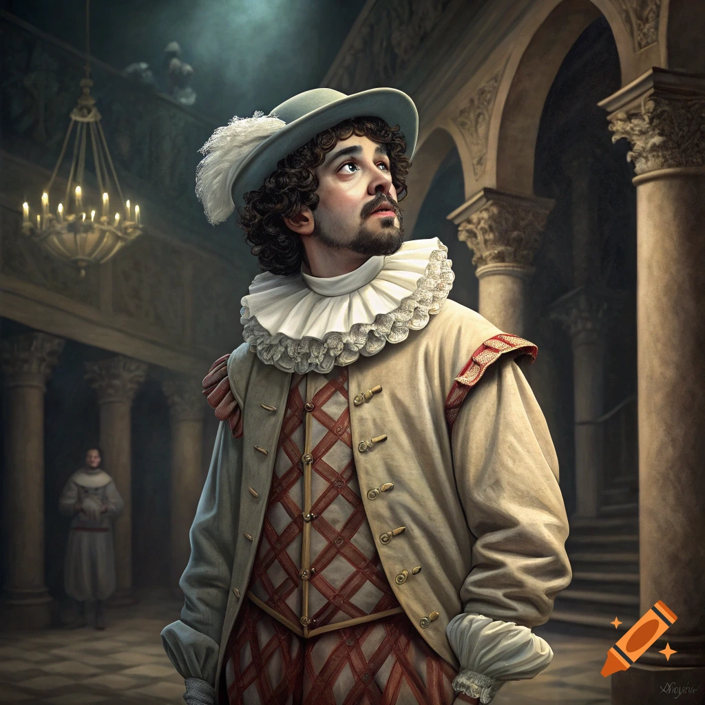 A man in historical ruffled clothing and feathered hat stands in a grand hall, looking up.