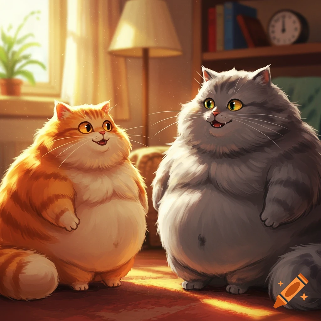 Two fluffy, fat cats, one orange and one grey, sit in a sunny room.