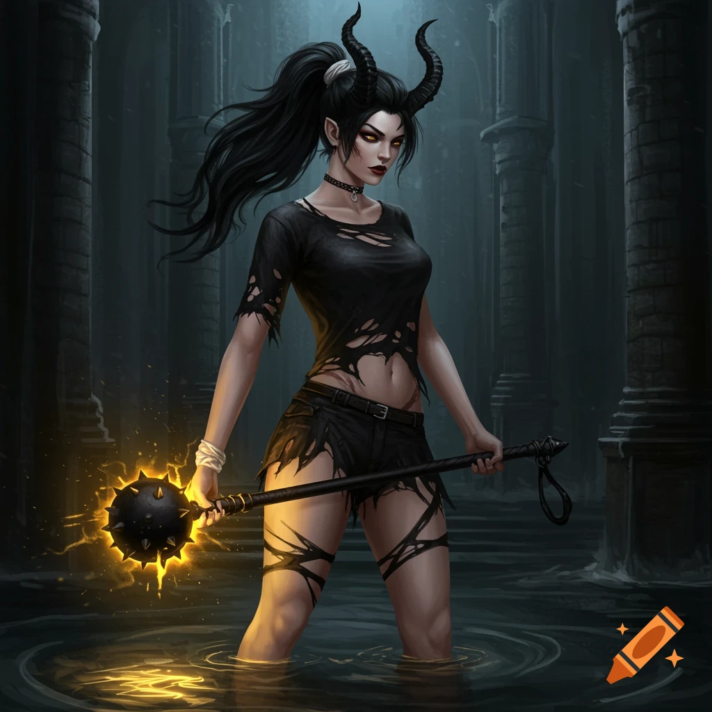 A dark fantasy character with horns and torn clothes, holding a glowing mace in flooded ruins.