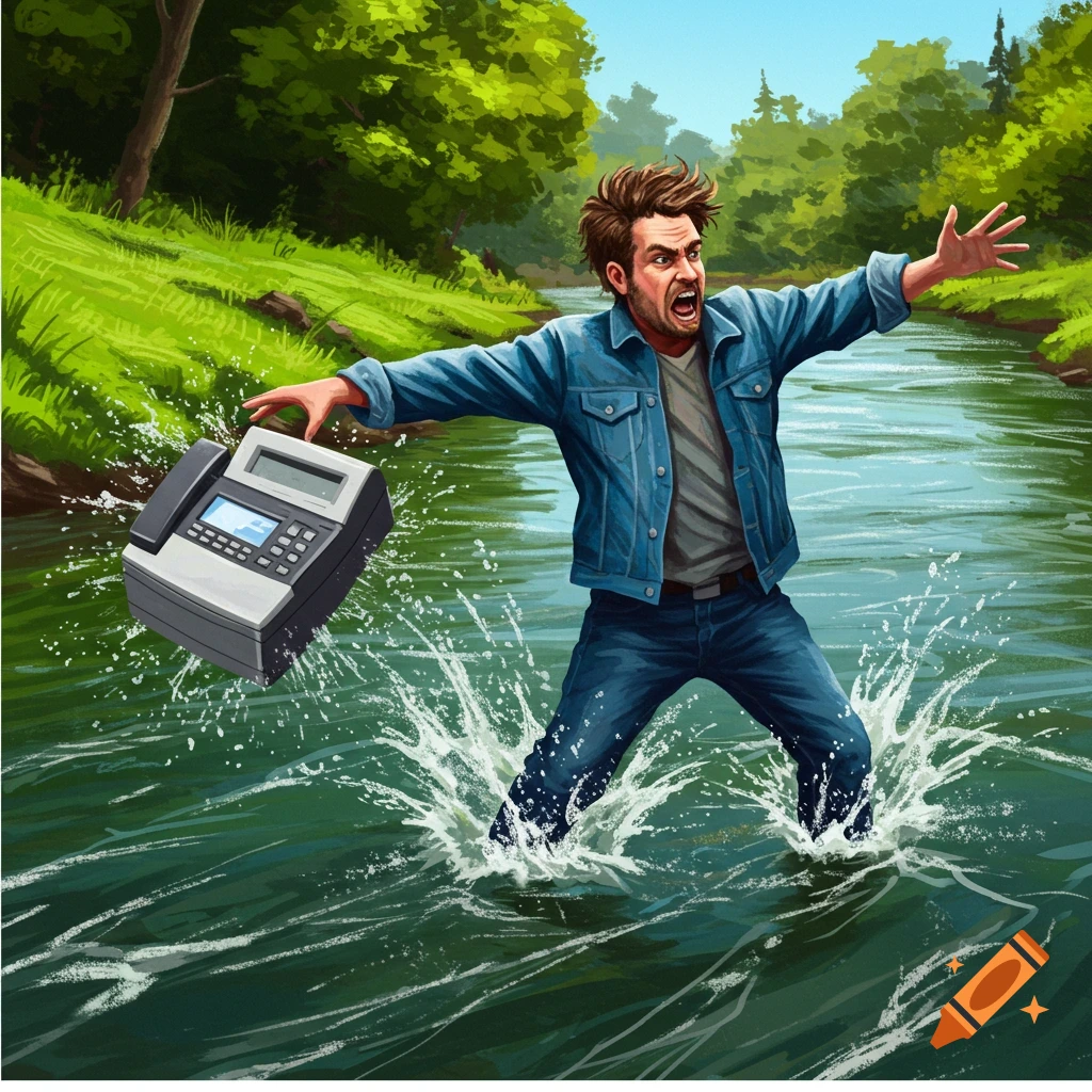 A man is throwing a fax machine into a river.