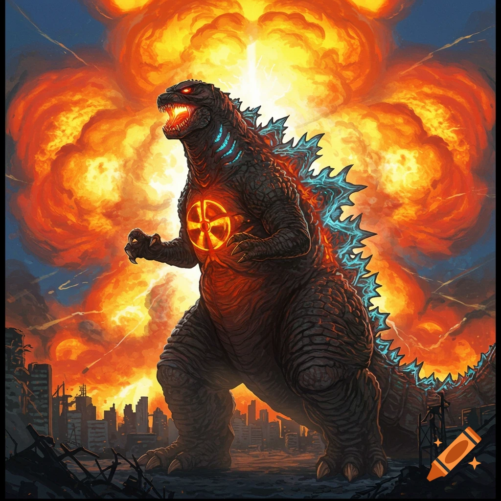 Giant monster resembling Godzilla with nuclear symbol stands roaring in destroyed city during explosion.