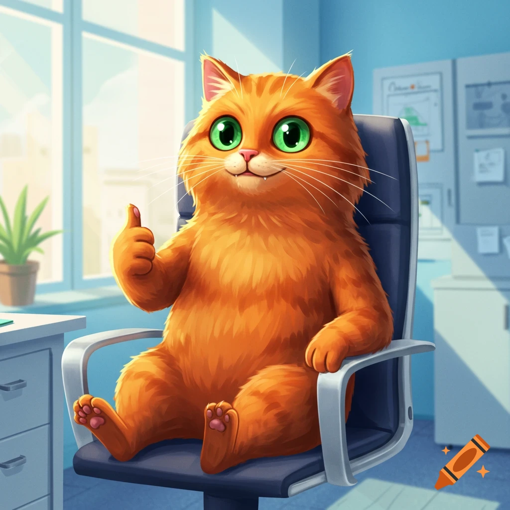 An orange tabby cat sits in an office chair giving a thumbs up.