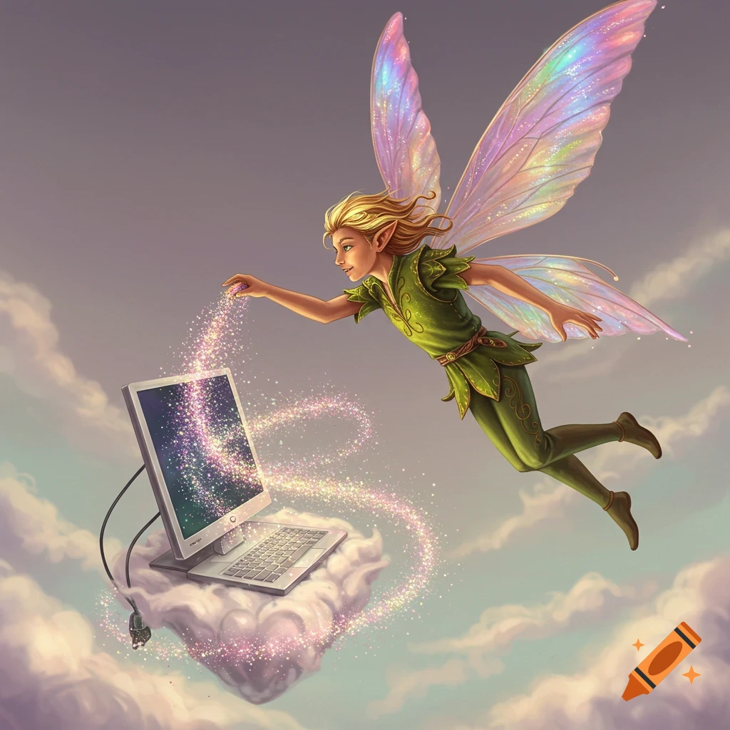 A male fairy sprinkles sparkling dust onto a laptop resting on a cloud in the sky