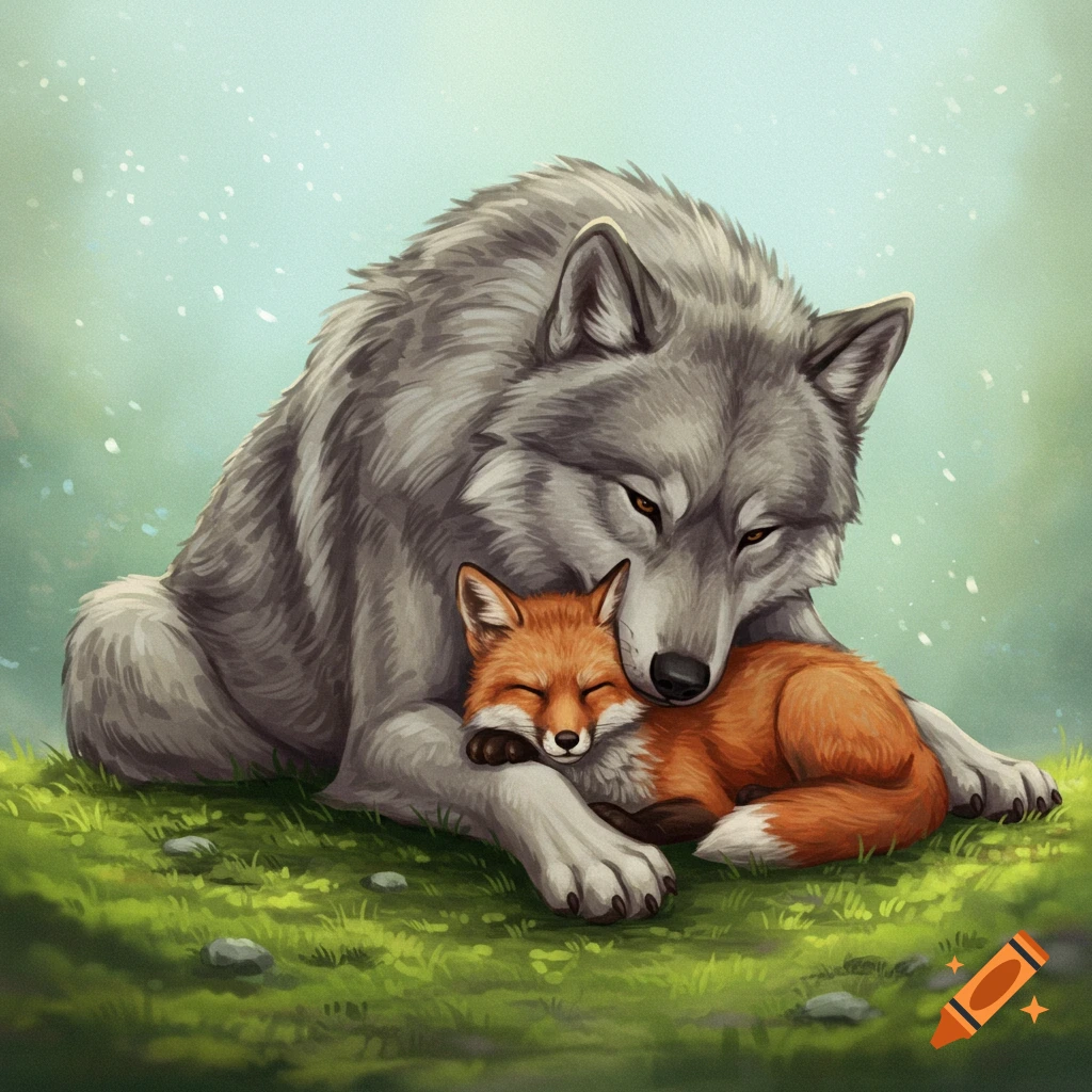 A large gray wolf cuddling a sleeping orange fox on grassy ground.