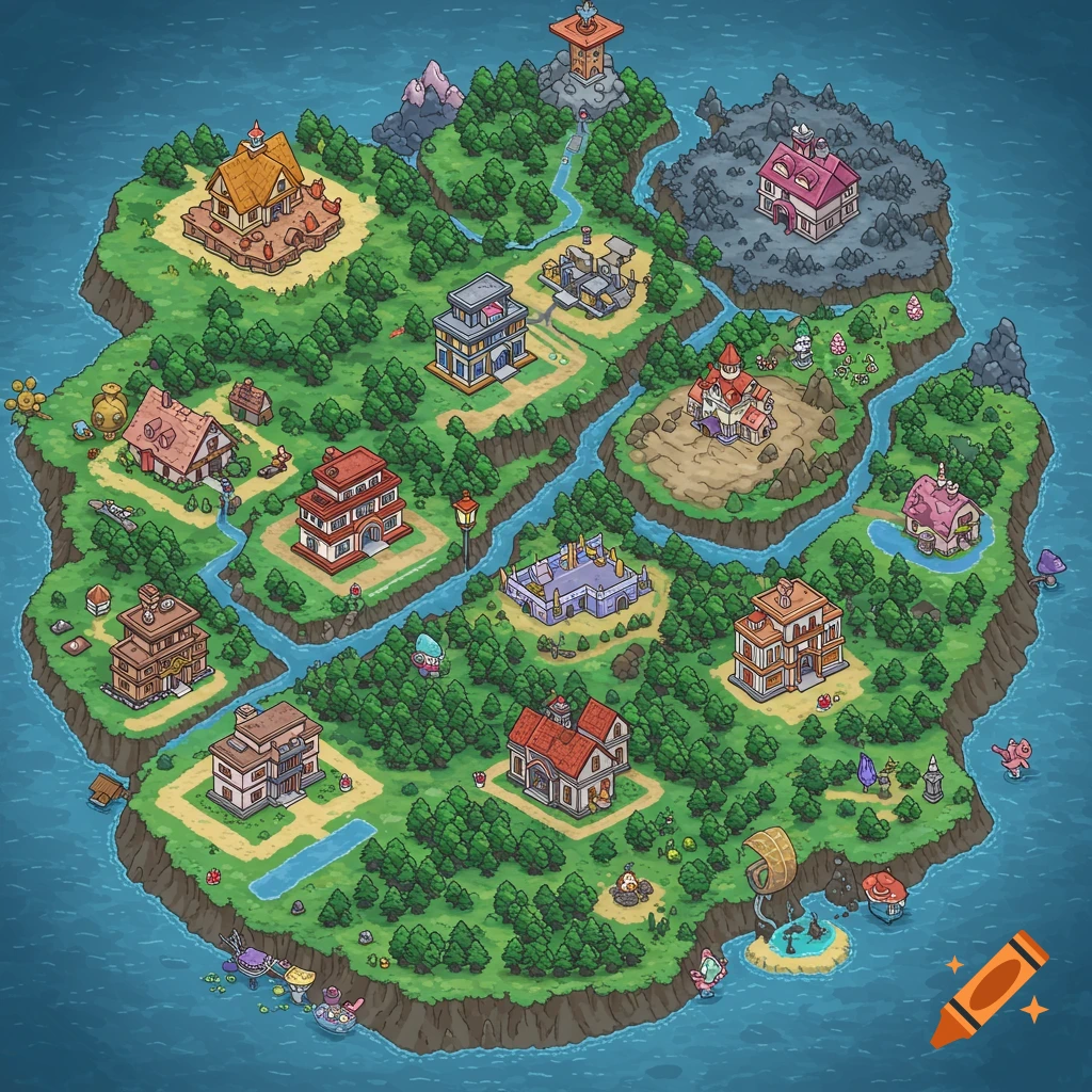 Isometric cartoon map of an island with towns, forests, rivers, and coastal areas.