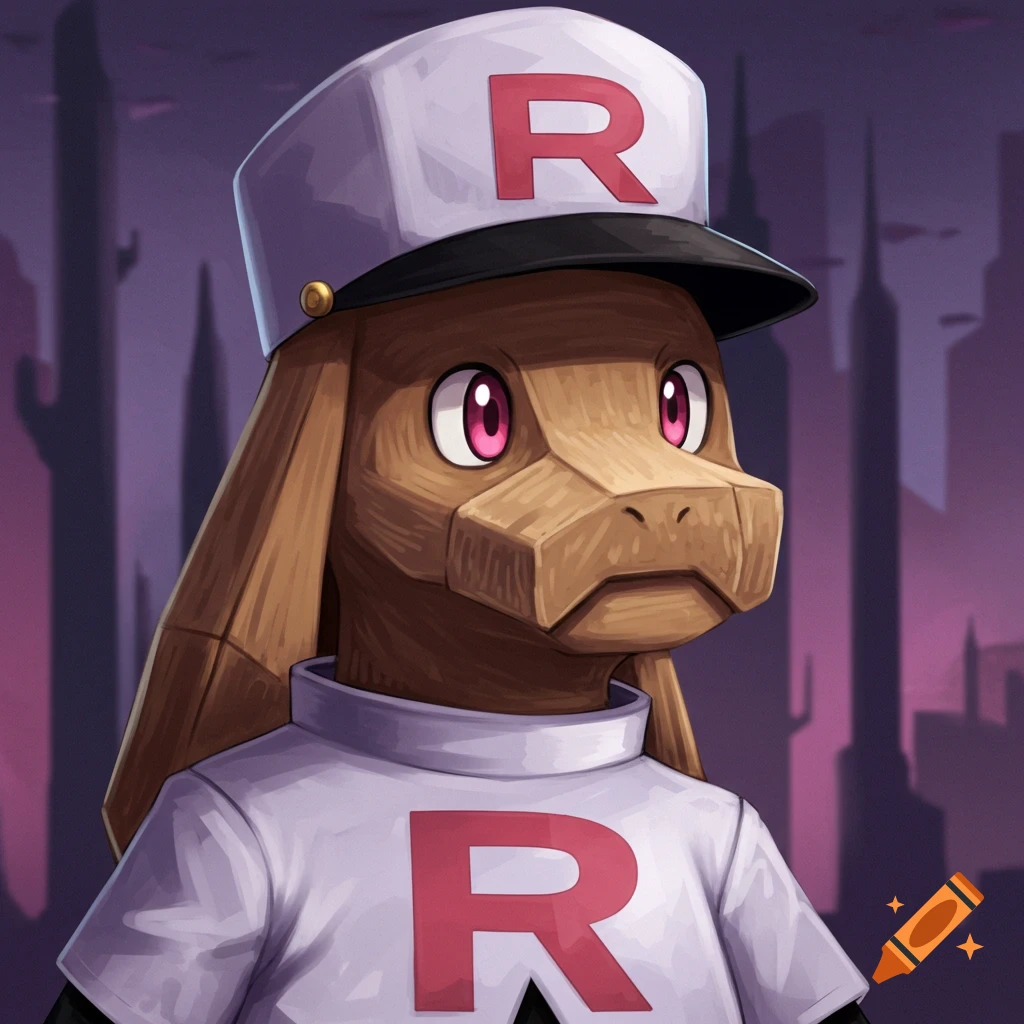 Sudowoodo wearing a Team Rocket hat and shirt with an R symbol, standing in front of a city skyline.