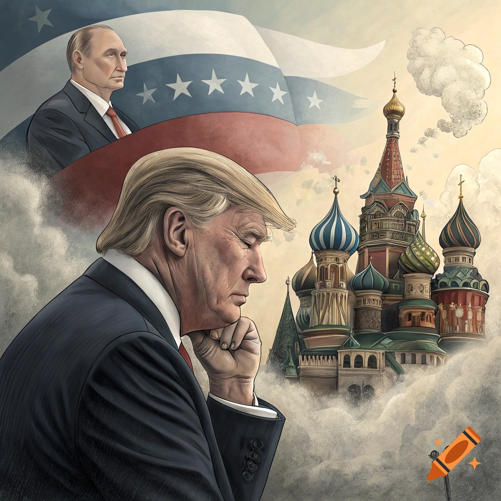 Illustration of Donald Trump and Vladimir Putin with Russian architecture and flag in the background.