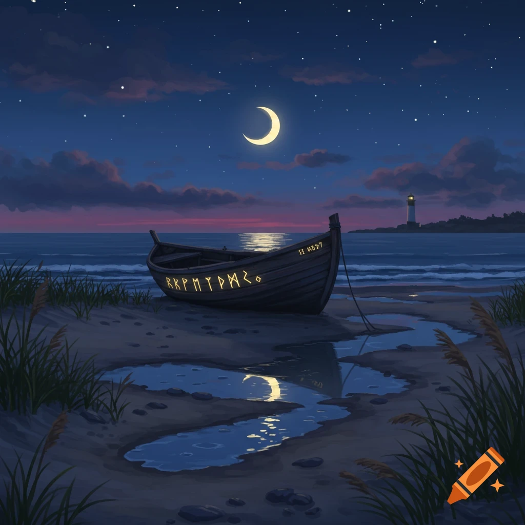 A boat on a beach at twilight under a crescent moon, with glowing runes and a distant lighthouse.