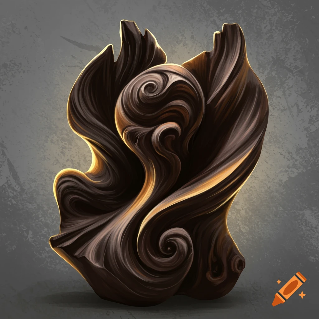 Abstract sculpture resembling dark swirling wood or stone against a grey background.