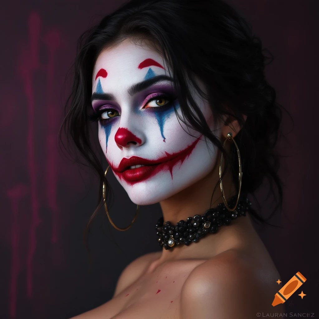 Portrait of a woman wearing theatrical clown makeup, with red smile lines, blue teardrops, and golden hoop earrings.