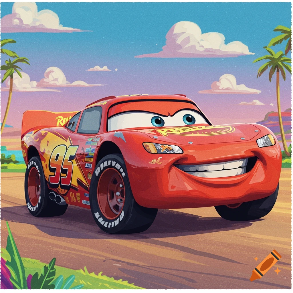 Lightning McQueen, a red cartoon race car, smiles widely on a dirt road in a tropical setting.