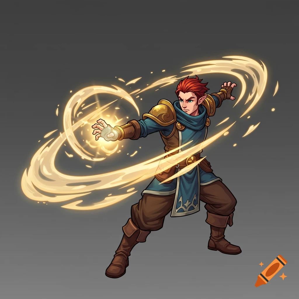 A stylized 2D sprite of a fantasy character with red hair casting a swirling golden magic spell.