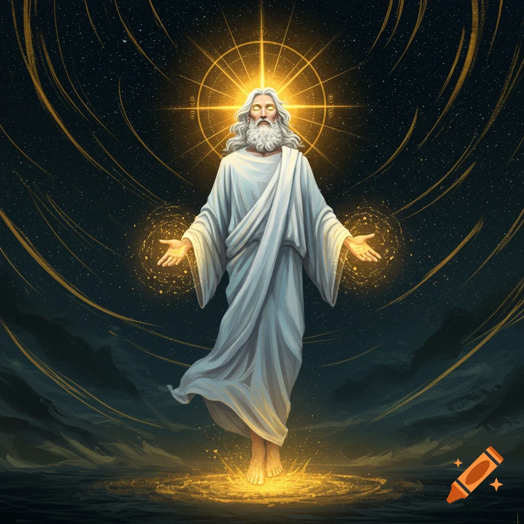 A figure resembling God with white beard and robe hovers in space, glowing eyes and outstretched hands with light effects.