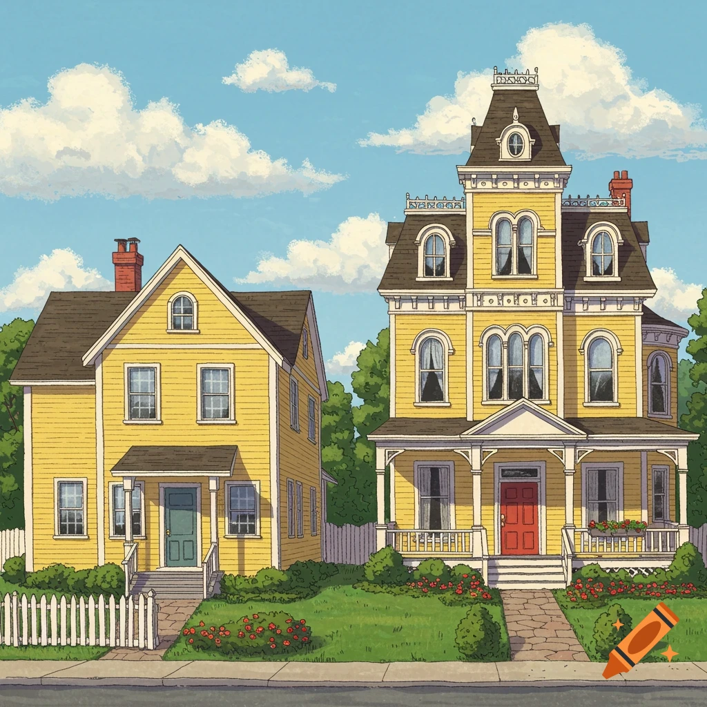 A modest yellow house sits next to a lavish Victorian yellow house, with green lawns and blue sky surrounding them.