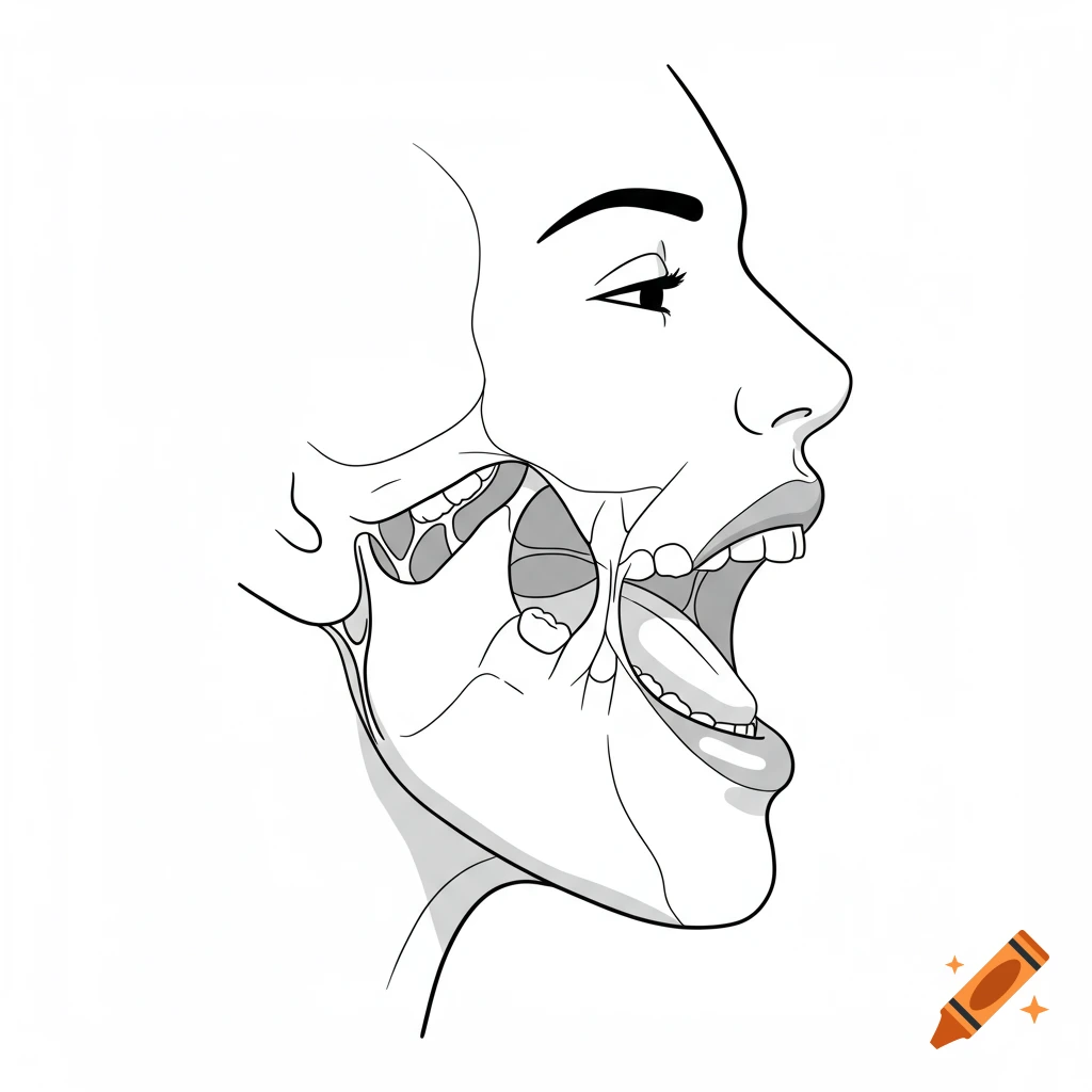 Line art side view medical illustration of a head with the mouth wide open.