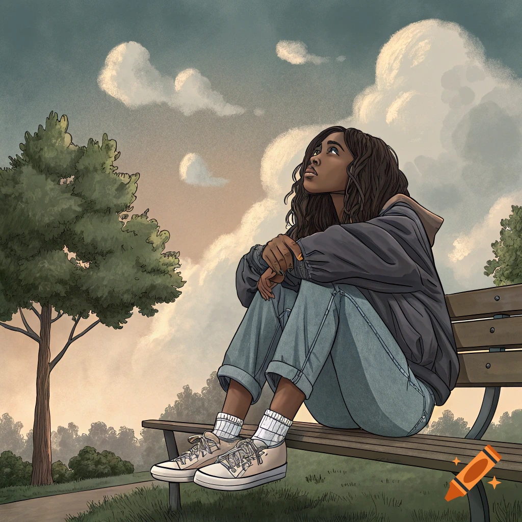Illustration of a person sitting on a park bench looking up at clouds.