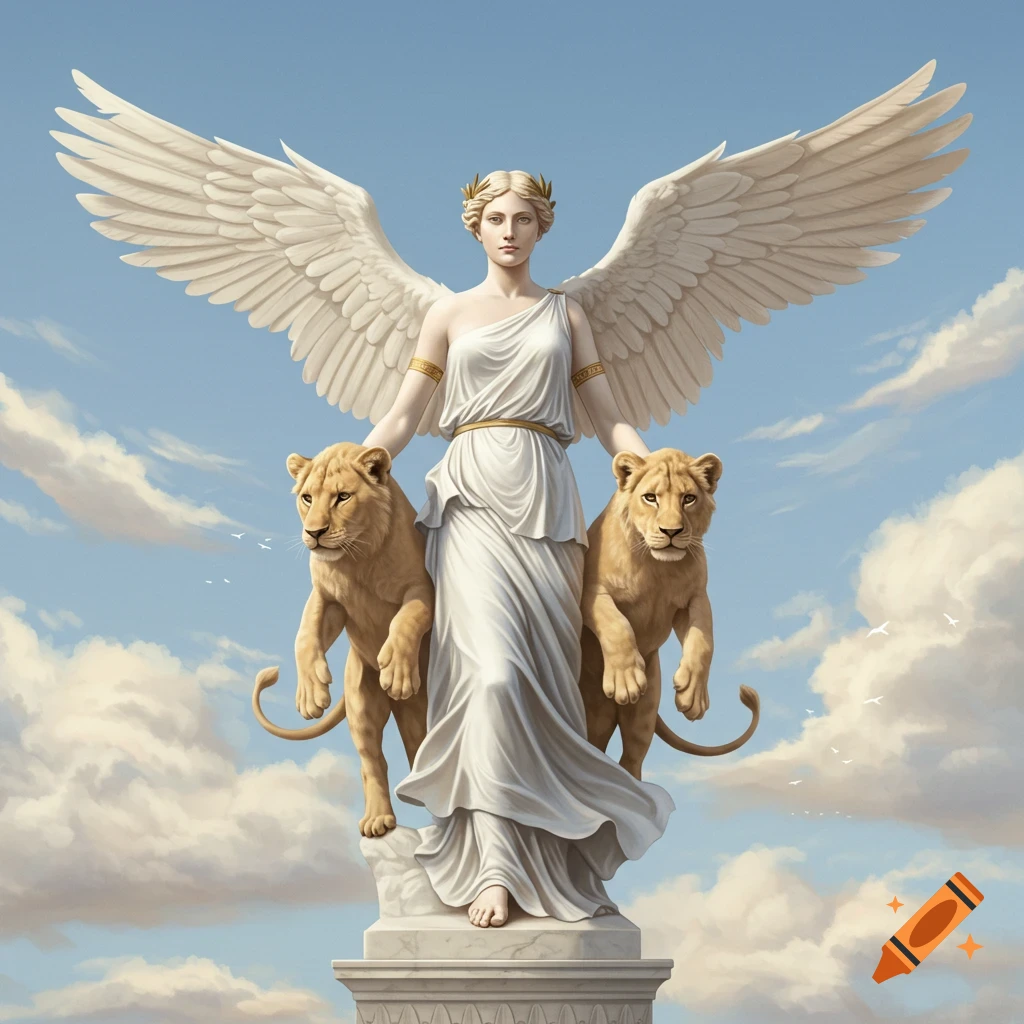 Winged figure in a white drape, holding two lions on a pedestal against a sky background, styled as a marble sculpture.