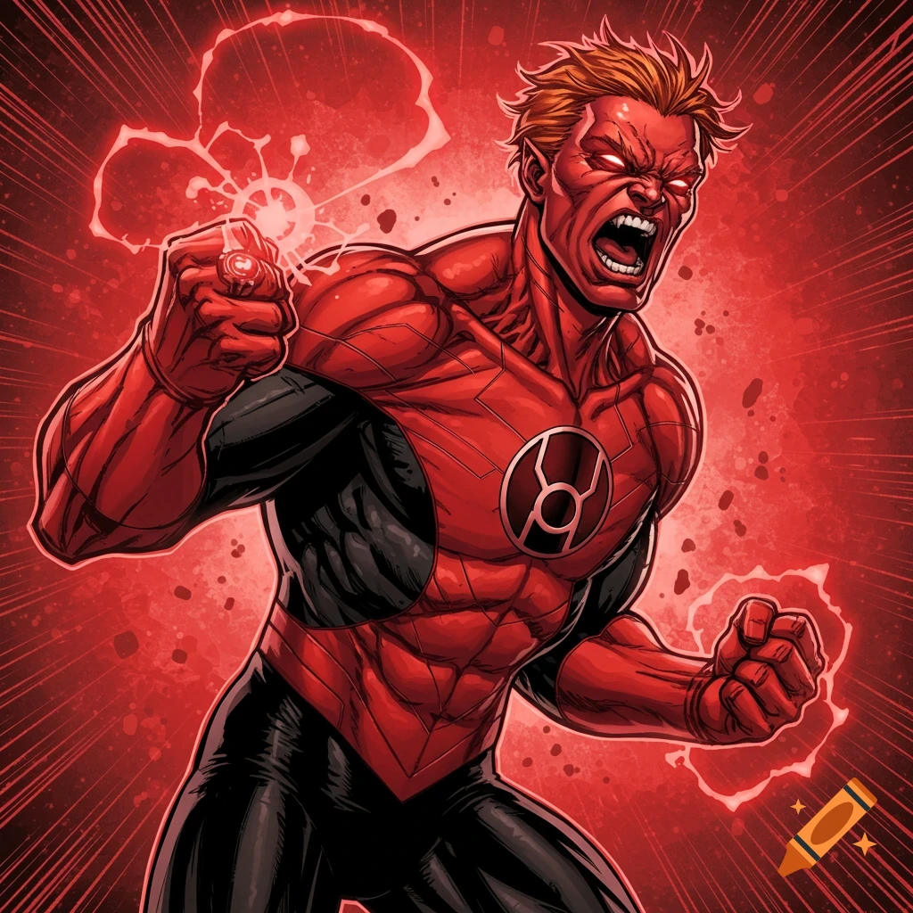 An angry, red-skinned muscular man in a red and black suit with a symbol on his chest, clenching fists with glowing energy, in a red comic book style.