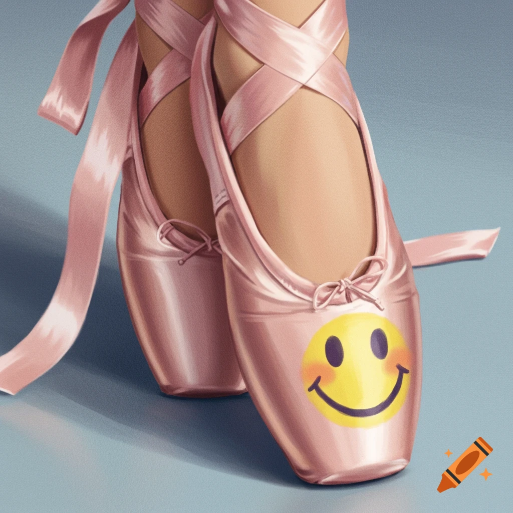 A close-up of pink ballet pointe shoes, one with a large yellow smiley face on the toe.