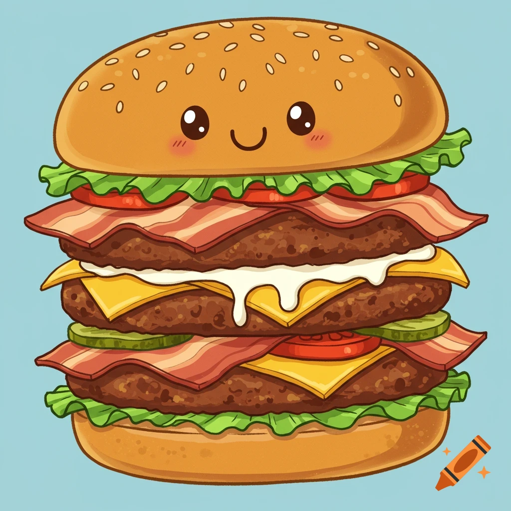 Cartoon double bacon burger with a smiling face
