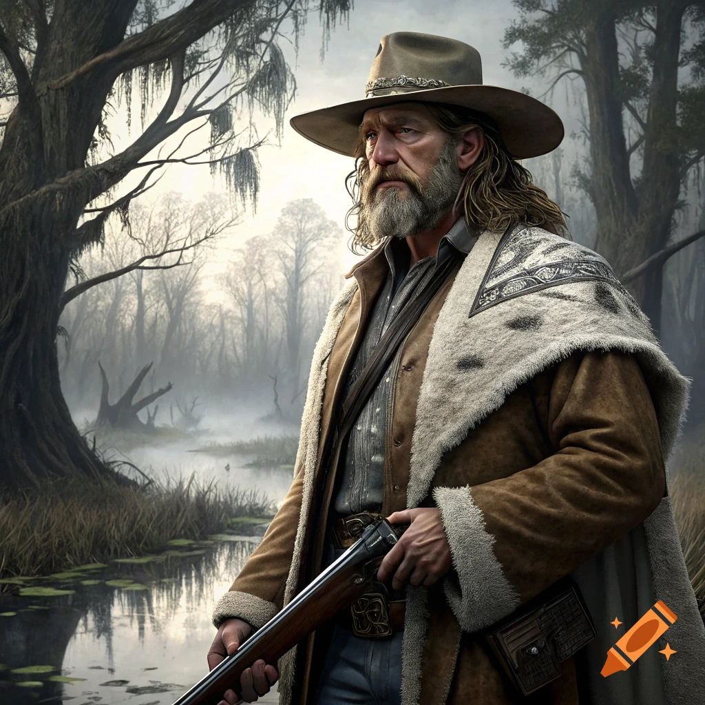 A rugged man with a beard and hat holds a rifle in a foggy swamp.