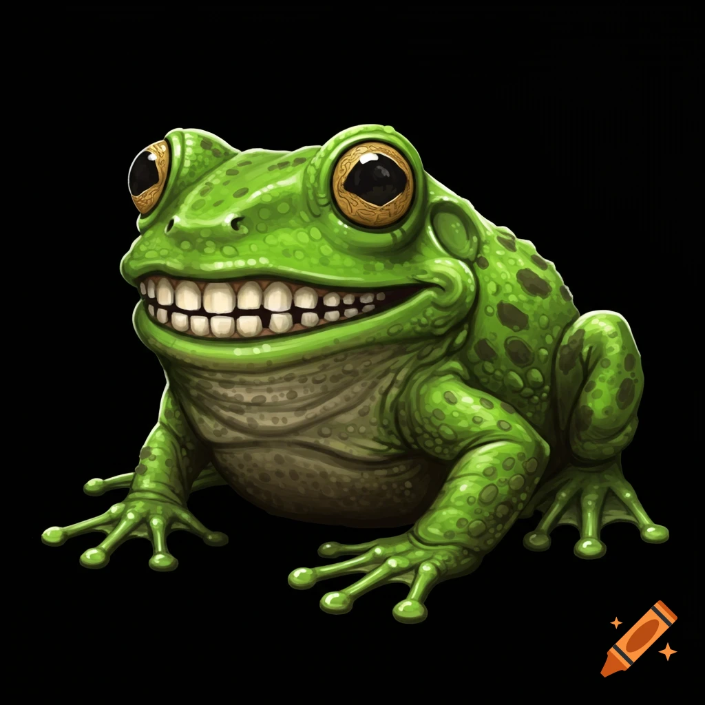 Green frog with big eyes and wide toothy grin, illustration