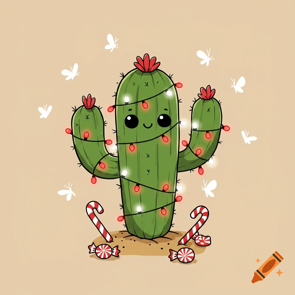 A cute cartoon cactus decorated with Christmas lights, candy canes, and butterflies.