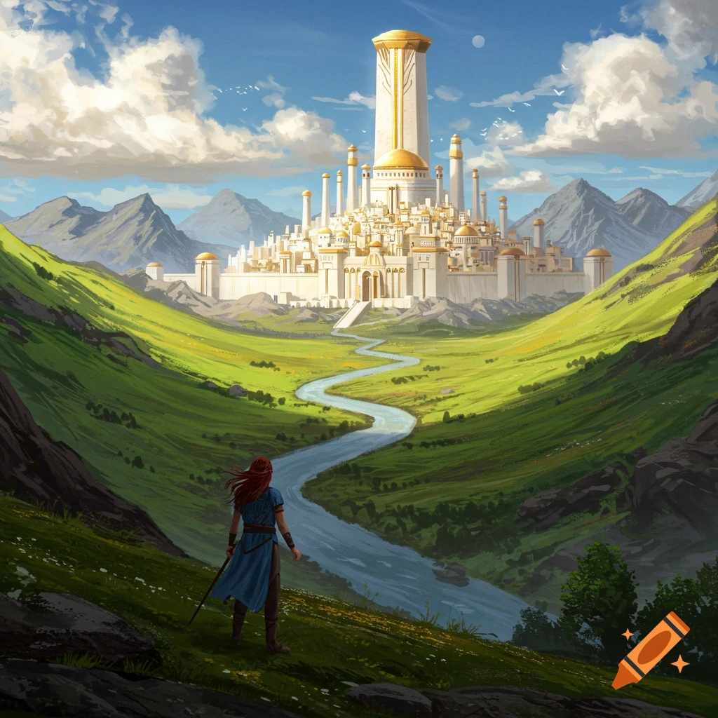A person stands in a green valley looking at a large white and gold fantasy city in the distance, with a river flowing towards it.