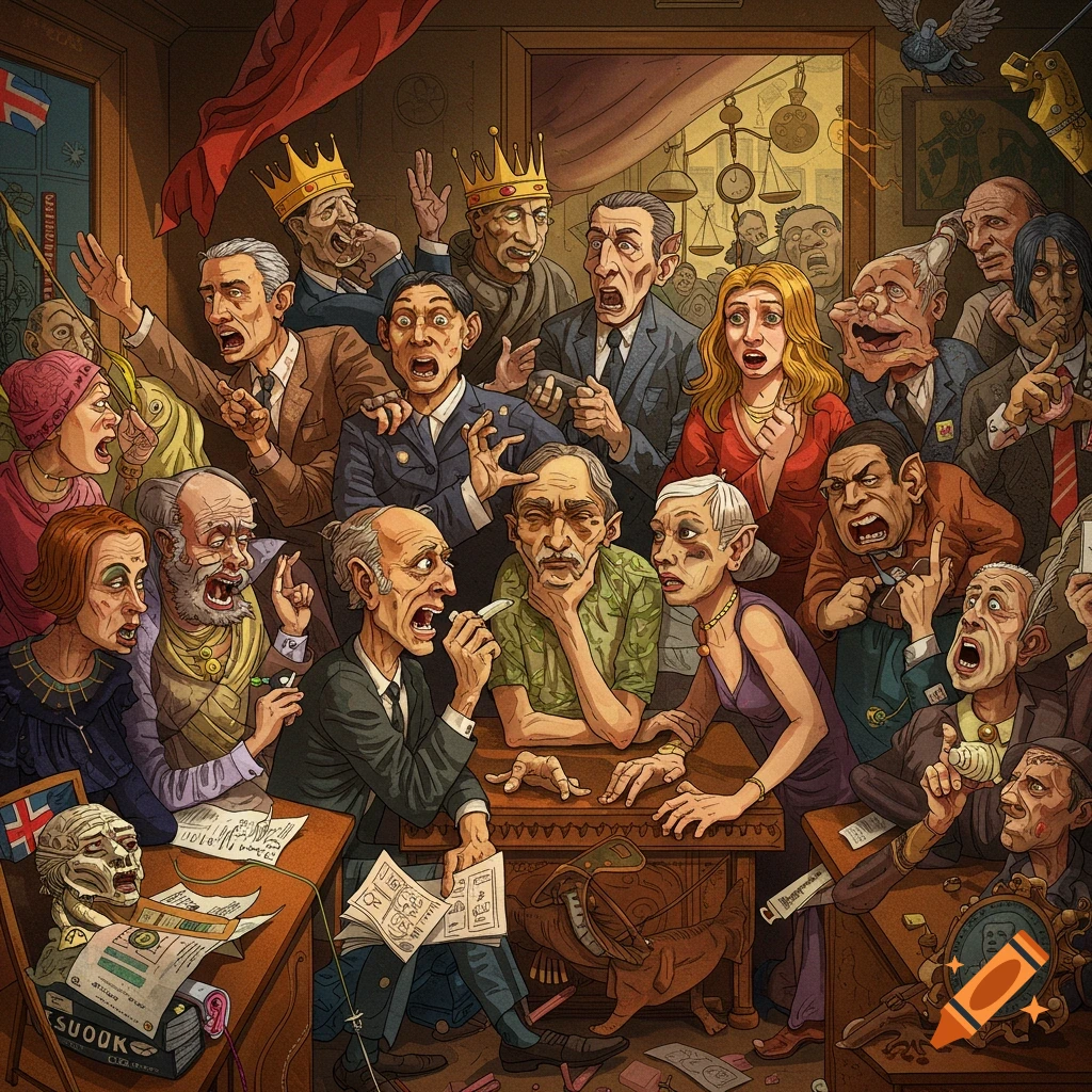 A crowded room filled with people displaying exaggerated, intense expressions, like a chaotic political meeting.