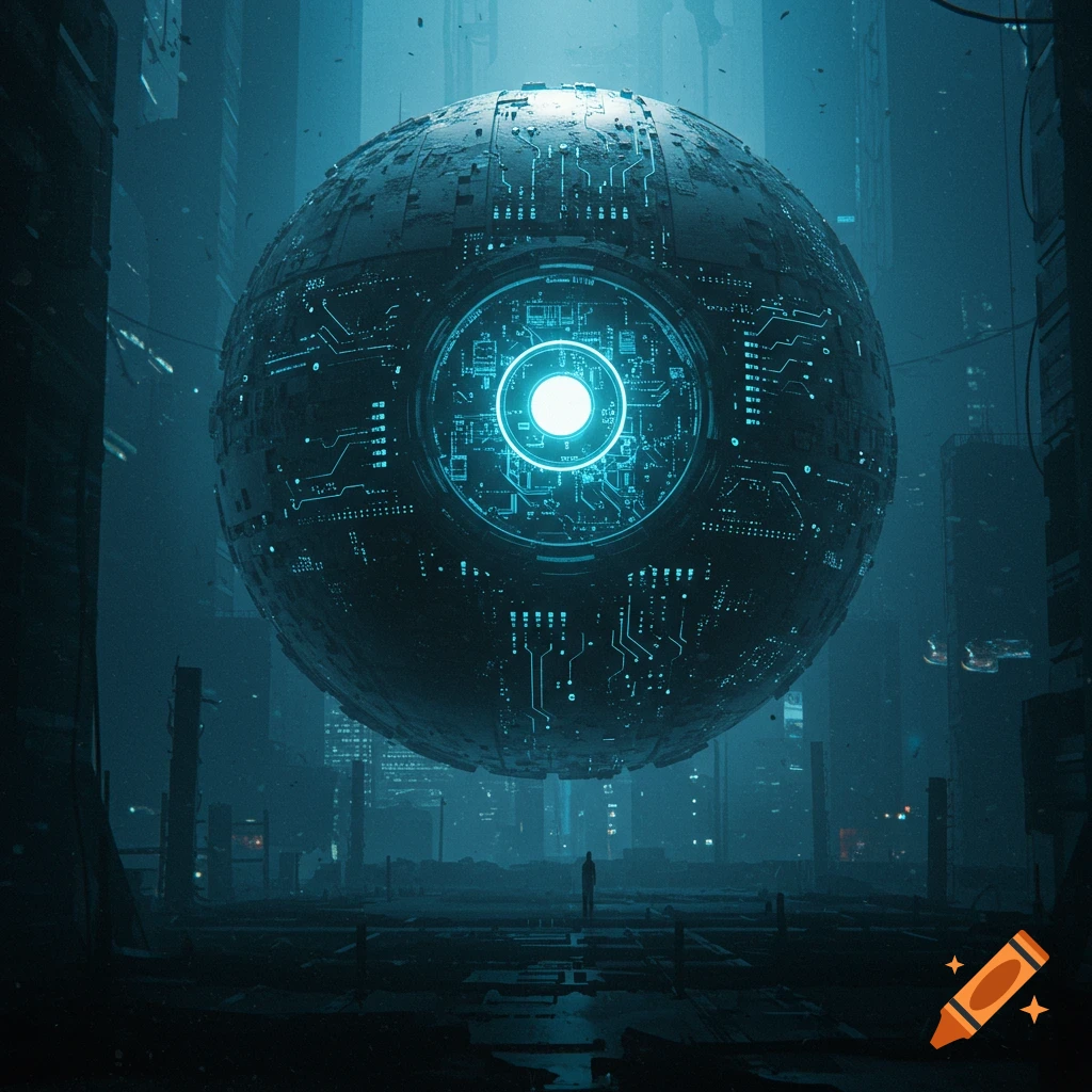 A giant futuristic technological sphere floats over a desolate city street with a figure looking up.