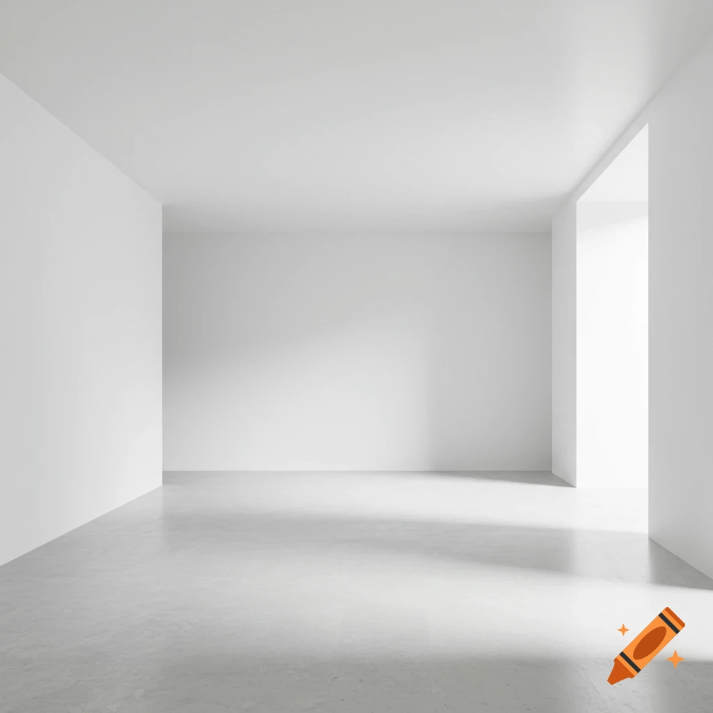 Minimalist empty room with white walls and a concrete floor, lit by light from the right.