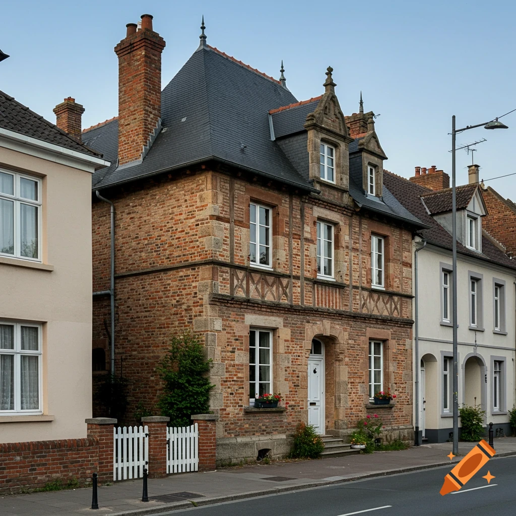 A photorealistic image of a brick house with a tall roof on a street.