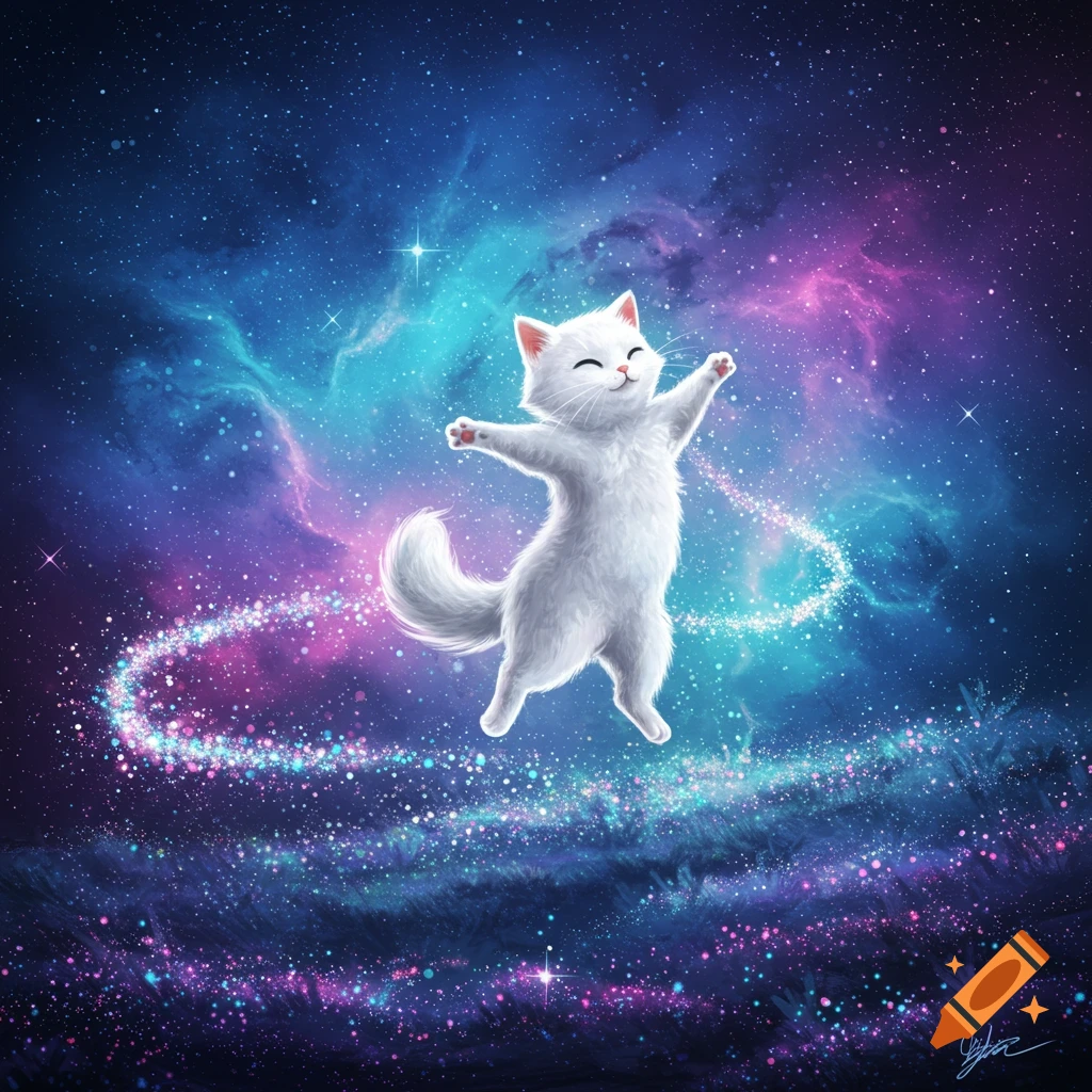 A happy white cat dancing in space among stardust and nebulae.