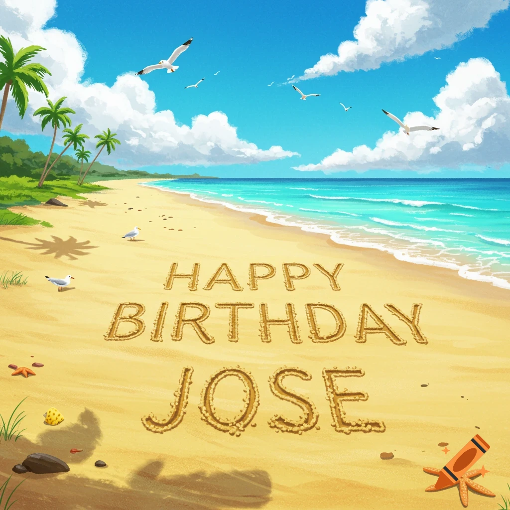A beach scene with Happy Birthday Jose written in the sand.