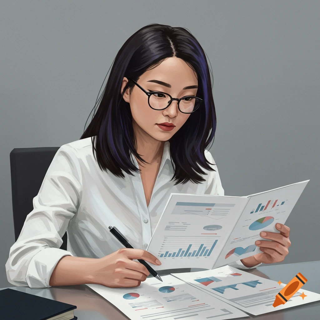 A person is reviewing documents with charts.