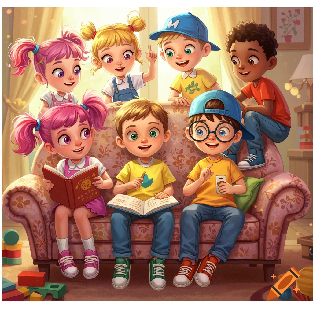 Six diverse cartoon children read books and chat on a floral couch in a brightly lit room.