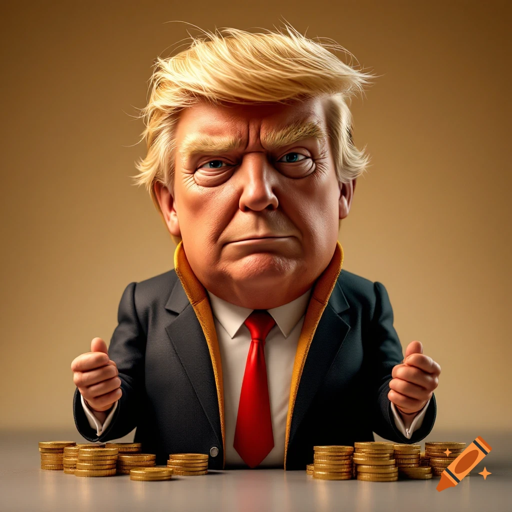 Caricature illustration of Donald Trump sitting at a table with stacks of gold coins.