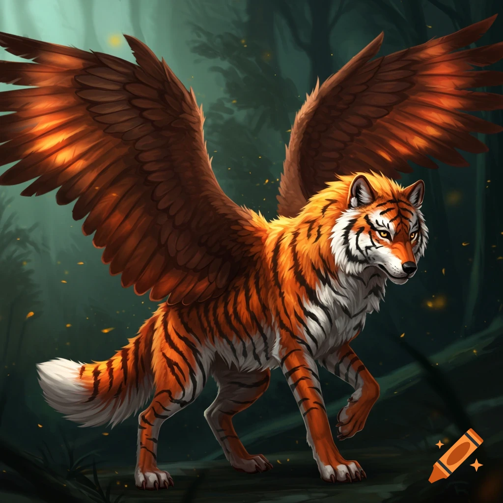A winged wolf with tiger stripes walking through a forest.