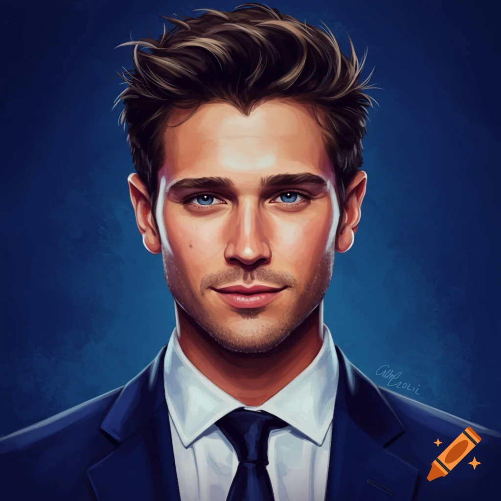 A man in a suit looking forward with blue eyes.