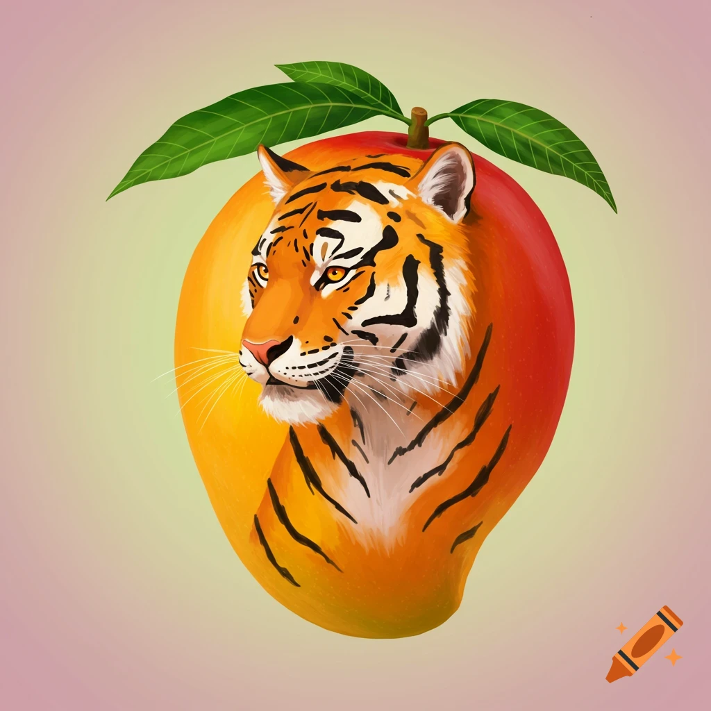Image of a tiger head on a mango with leaves.