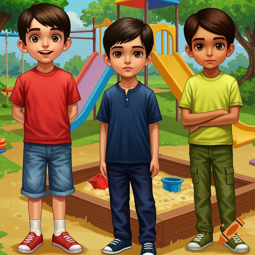 Illustration of three boys standing by a sandbox in a playground.