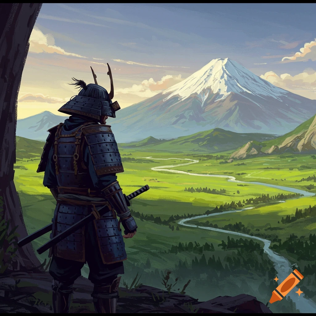 A samurai in armor overlooking a lush green valley with a winding river and a large snow-capped mountain.